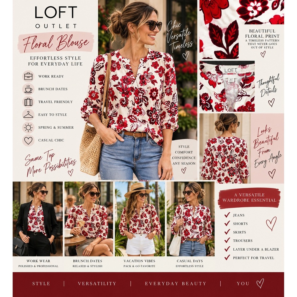 Loft Outlet Red Floral Split Neck Blouse Long Sleeve MP Boho Botanical